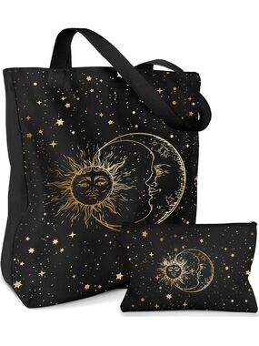 Celestial Sun & Moon Black Tote Bag with Pouch